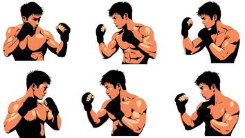 Six Intense Poses of a Muscular Mixed Martial Arts Fighter in Action, Displaying Powerful Strength and Determination vector