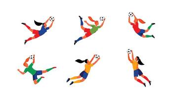 Dynamic Womens Soccer Players in Action Diverse Poses and Energetic Gameplay on White Background - Professional digital artwork with vibrant colors and detailed composition vector