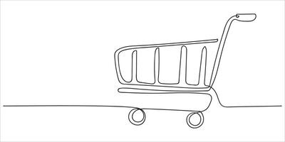 Single continuous line drawing of a shopping cart, symbolizing online purchases and supermarket retail. Minimalist linear design with a 'Buy Now' trolley concept. vector
