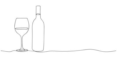 Continuous one line drawing of Wine glass and bottle. Drink in cup in linear style. Doodle illustration for restaurant and bar menu vector