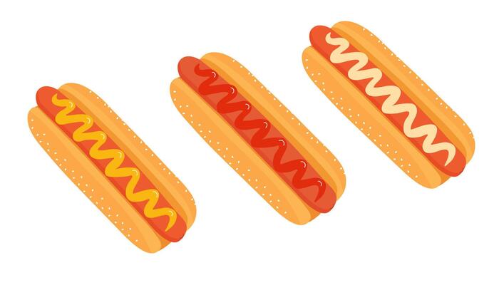 Hot dog with mustard, mayonnaise, ketchup in flat style, illustration isolated on white background