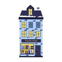 Charming bookshop storefront featuring colorful window displays in a quaint neighborhood setting during the winter season vector