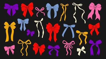 Set of festive bows of different shapes and sizes on a black background. illustration in trendy style vector