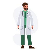Friendly male doctor wearing a lab coat and stethoscope in a healthcare setting during daytime vector