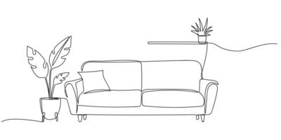 Contemporary furniture in Scandinavian style one continuous line drawing. Sofa, floor lamp and potted plant for living room or hotel concept in simple linear style. Doodle illustration vector