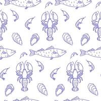 Seafood pattern featuring fish, lobster, shrimp, and shellfish illustrated in a simple design on a white background vector