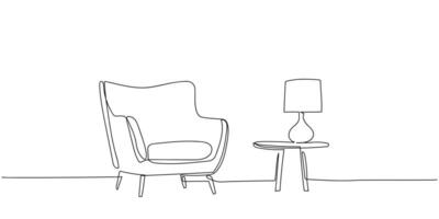 continuous line drawing showcases minimalist Scandinavian furniture and lamp. Scandinavian stylish furniture for living room or hotel concept in simple linear style. Doodle illustration vector