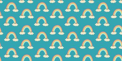 Colorful rainbows with clouds create a vibrant pattern against a blue background vector