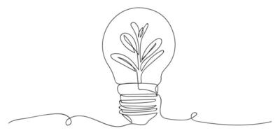 Plant inside Lightbulb in Continuous one line drawing. Creative concept of Green energy and environmental friendly sources, lineart illustration. Doodle style vector