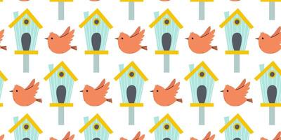 Colorful pattern featuring charming birds and whimsical birdhouses against a bright background showcasing an artistic design vector