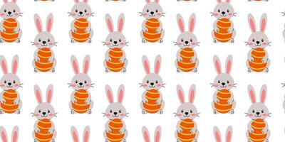 Cute cartoon bunnies with striped eggs create cheerful repeating pattern for spring decor vector
