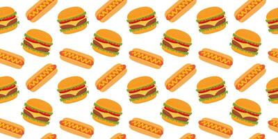 Food background, seamless pattern with hamburger and hot dog. American fast food, illustration in flat style. vector