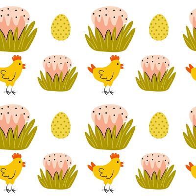 Colorful Easter pattern featuring chickens, eggs, and festive treats surrounded by green grass