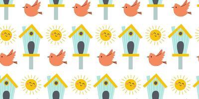 Bright and cheerful pattern featuring colorful birds, sun, and birdhouses showcasing a joyful springtime theme vector