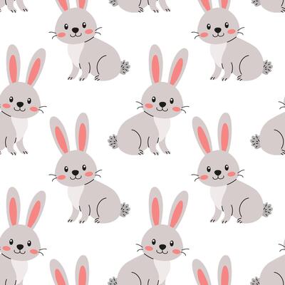 Cute cartoon rabbits with pink ears sitting on a white background in playful arrangement