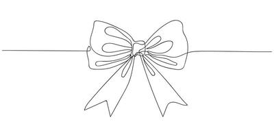 minimalist continuous line art features a ribbon bow drawn in an elegant black outline against a clean white background. illustration festive occasions and celebrations vector