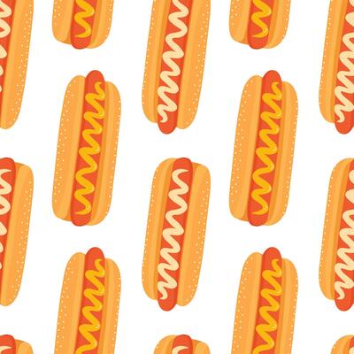 Hot dog background on a white background. Fast food takeaway meal with sausage for menu cafe design. Seamless pattern for your design, wrapping paper, napkins, kitchen towels, wallpaper, menu, etc.