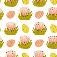 Colorful Easter pattern featuring cakes and decorated eggs on a white background vector