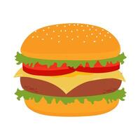 Hamburger with tomato, lettuce, and beef in flat style, illustration isolated on a white background. Icon, isolate for design vector