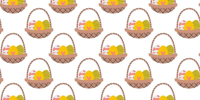 Colorful Easter baskets filled with eggs and decor create a cheerful festive pattern