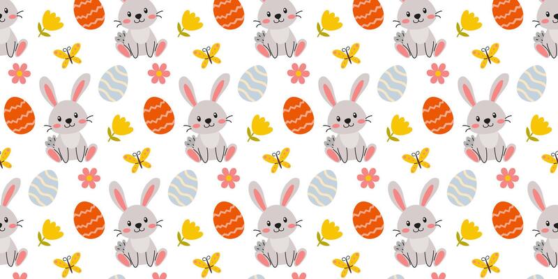 Cute bunnies and colorful eggs create a cheerful pattern for spring celebrations and festive decorations