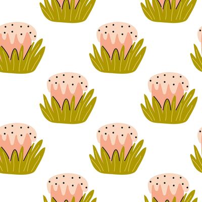 Colorful cartoon illustration of mushrooms surrounded by grass in a simple pattern