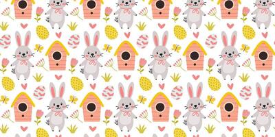 Colorful spring pattern featuring cute bunnies, birdhouses, and flowers with Easter eggs in a cheerful design vector