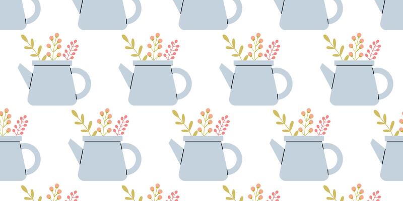 Delightful pattern of watering cans with flowers against a bright background