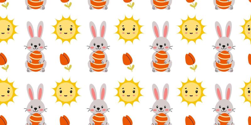 Cute bunnies and cheerful suns create a playful spring pattern for decorative purposes