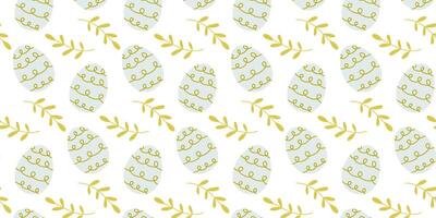 Colorful pastel Easter eggs pattern with green vines on a white background creating a festive spring design vector