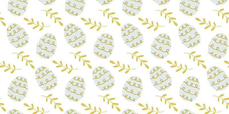 Colorful pastel Easter eggs pattern with green vines on a white background creating a festive spring design