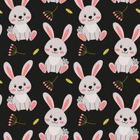 Cute and playful bunnies surrounded by flowers on a dark background creating a whimsical textile design vector