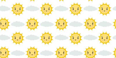 Bright and cheerful sun with smiling faces against a light background featuring fluffy clouds vector