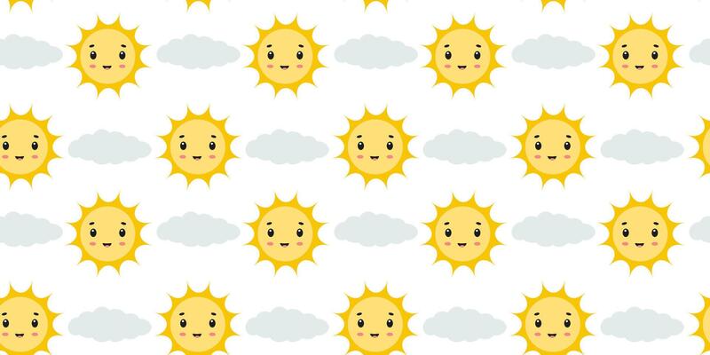 Bright and cheerful sun with smiling faces against a light background featuring fluffy clouds