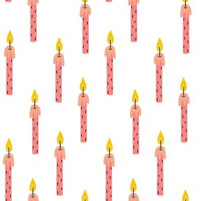 Colorful pink candles with flames in a repeated pattern on white background for festive decoration