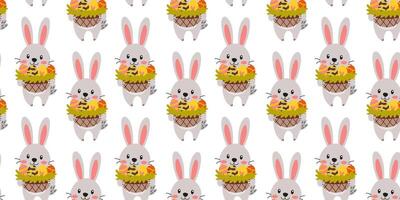 Pattern of bunnies with colorful baskets vector