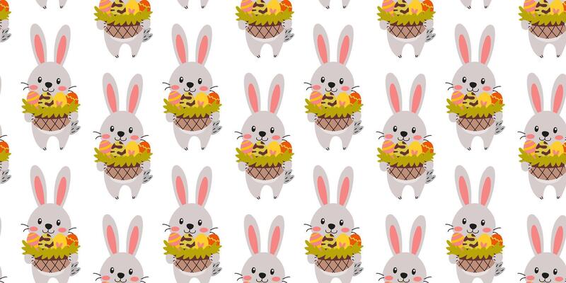 Cute bunnies with baskets of fruits in a whimsical pattern for spring or summer decoration
