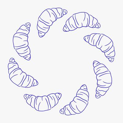 Round frame of croissants in Dolce Vita style, Mediterranean style, on a white background. Food illustration, healthy eating