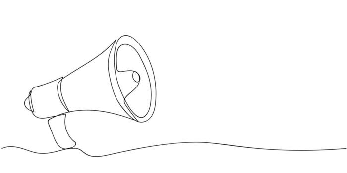 Continuous line drawing megaphone on white background, doodle illustration. Outline of a megaphone symbolizing communication and announcement in a minimalist style vector