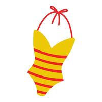 Bright yellow and red striped swimsuit design with playful straps for summer fun at the beach vector