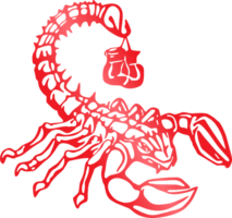 a scorpion with a boxing glove on its back, with a red png