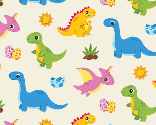A pattern of cute cartoon dinosaurs.