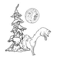 Fox under moon among snowy fir trees hand drawn black white outline . Winter forest scene with wild animal monochrome sketch for woodland Christmas illustrations and rustic New Year prints. vector