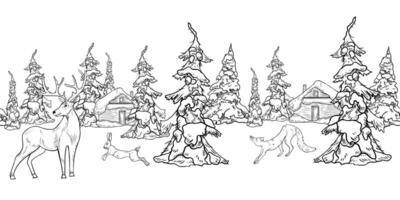 Christmas seamless border of snowy trees, woodland hut, and forest animals hand drawn black white outline . Winter fir forest with rustic cabin, deer, fox, and hare ink sketch for festive prints vector