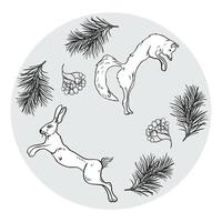Fox and hare in circle clipart with pine branches and rowan berries black and white line art illustration. Hand drawn forest animals, winter botanicals for holiday print, rustic seasonal dishware. vector