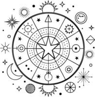 Celestial Mandala Black and White Circular Design with Stars Suns Moons and Geometric Shapes cosmic vector