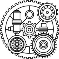 Black and White Illustration of Interlocking Gears and Mechanical Parts Circular Design cogs wheels vector