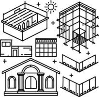 Black and White Line Drawings of Building Architectural Designs Isometric Views Floor Plans and Facades vector