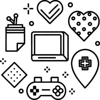 Black and White Line Art Icons Game Controller Hearts Notes Location Pin gamepad joystick vector