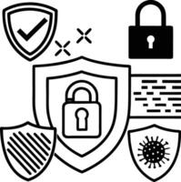 Black and White Security Icons Shields Padlock Virus Checkmark Data Firewall Protection Graphic vector